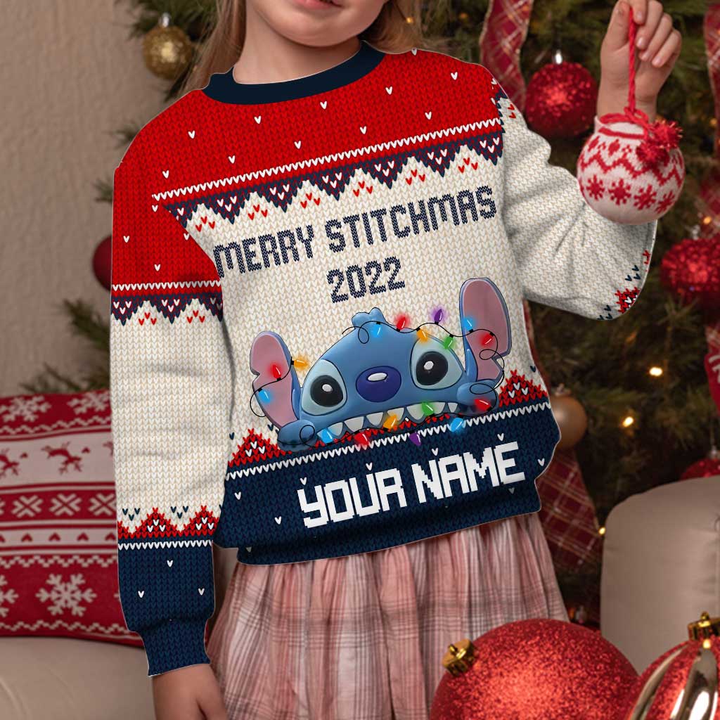 Merry Stitchmas - Personalized Christmas Ohana Sweater With Faux Wool Pattern Printed