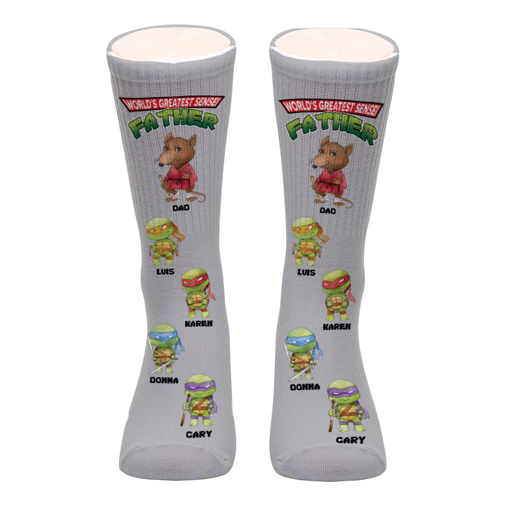 World's Greatest Sensei Father - Personalized Green Turtles Socks