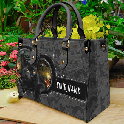 Black Cat Pumpkin - Personalized Halloween Leather Handbag