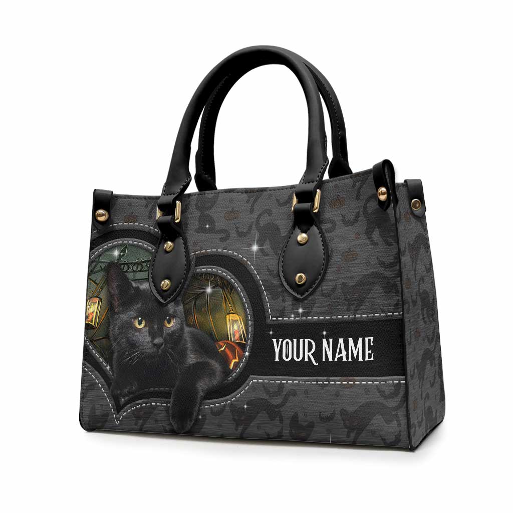 Black Cat Pumpkin - Personalized Halloween Leather Handbag