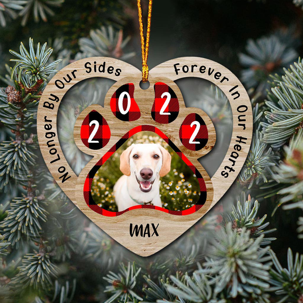 No Longer By Our Sides Forever In Our Hearts - Personalized Christmas Dog Ornament (Printed On Both Sides)