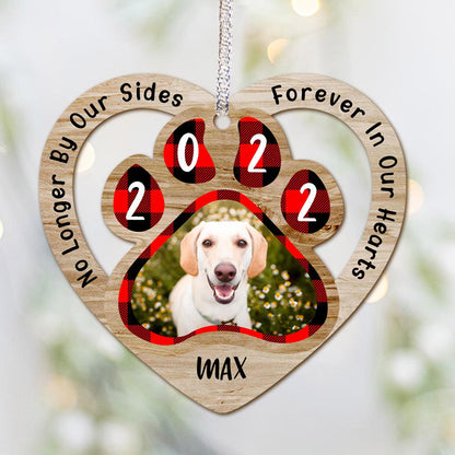 No Longer By Our Sides Forever In Our Hearts - Personalized Christmas Dog Ornament (Printed On Both Sides)