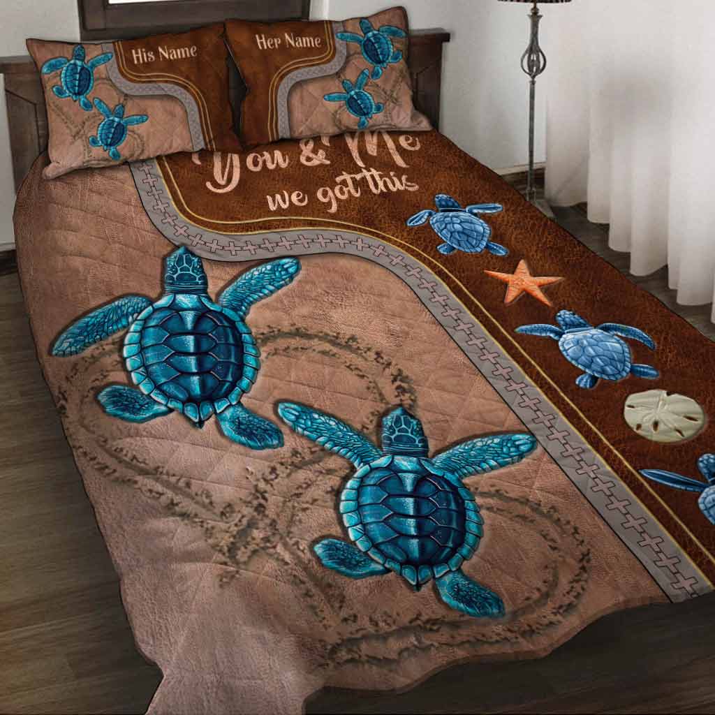 You And Me - Personalized Turtle Quilt Set With Leather Pattern Print