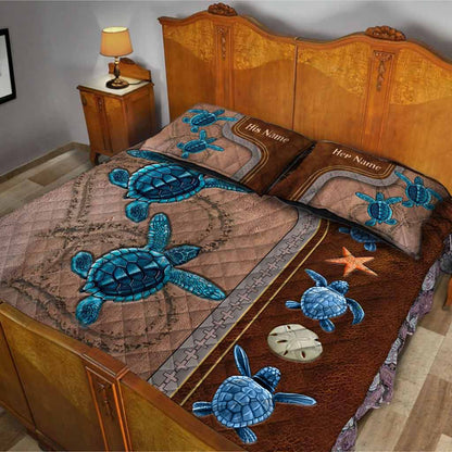 You And Me - Personalized Turtle Quilt Set With Leather Pattern Print