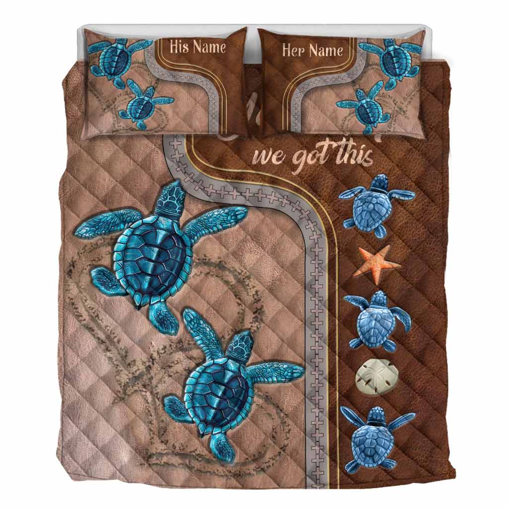 You And Me - Personalized Turtle Quilt Set With Leather Pattern Print