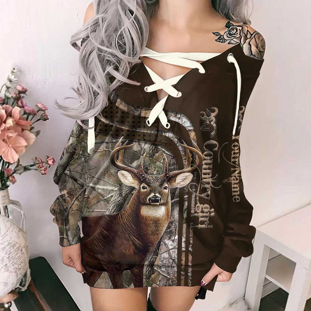 Country Girl Real Tree - Personalized Hunting Off Shoulder Long Sleeve Dress