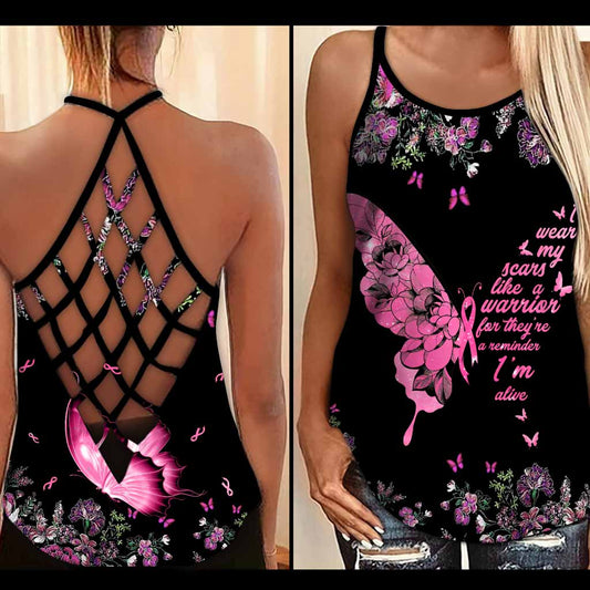 I Wear My Scars Like A Warrior - Breast Cancer Awareness Cross Tank Top