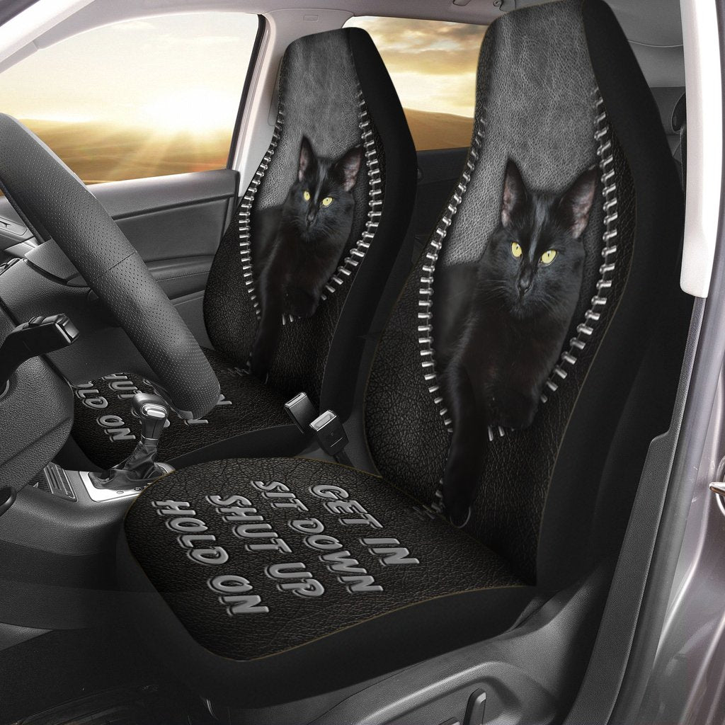 Get In Sit Down Shut Up Hold On - Black Cat Seat Covers With Leather Pattern Print