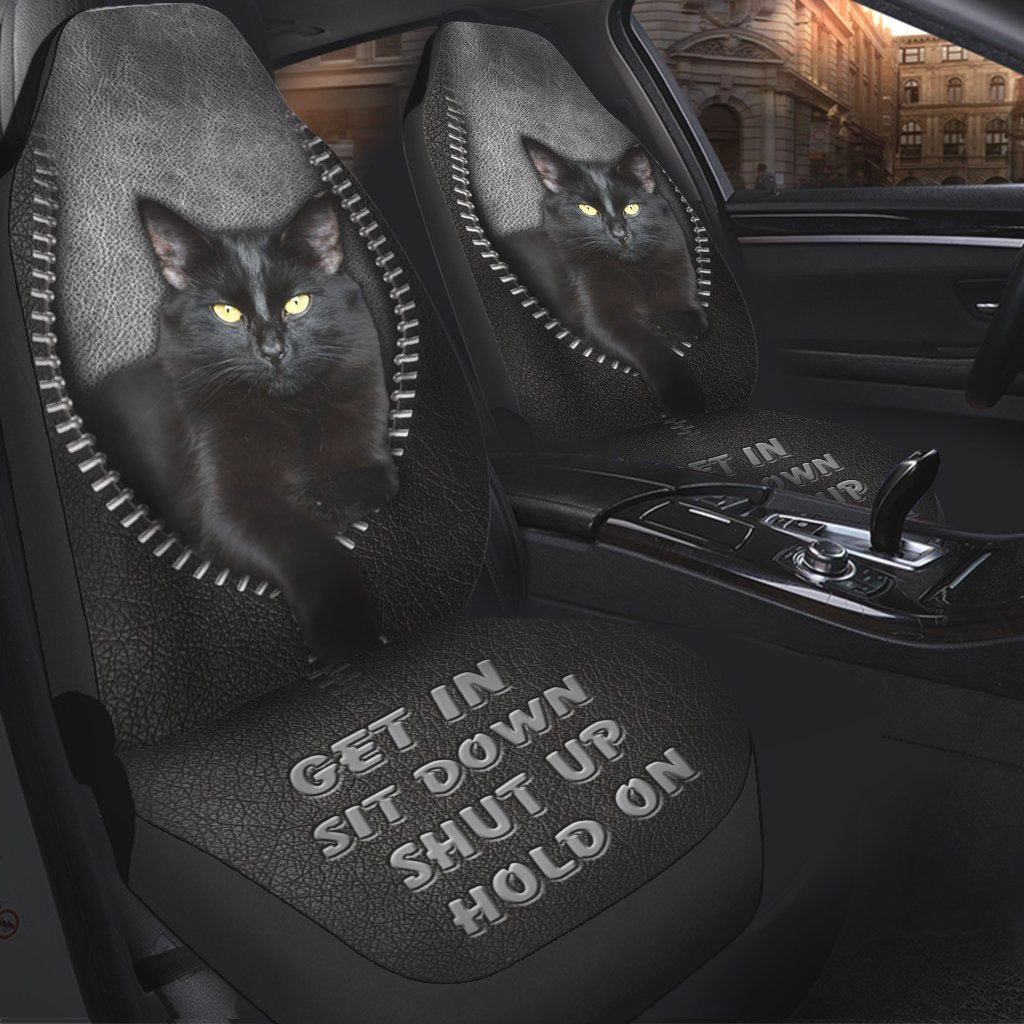 Get In Sit Down Shut Up Hold On - Black Cat Seat Covers With Leather Pattern Print