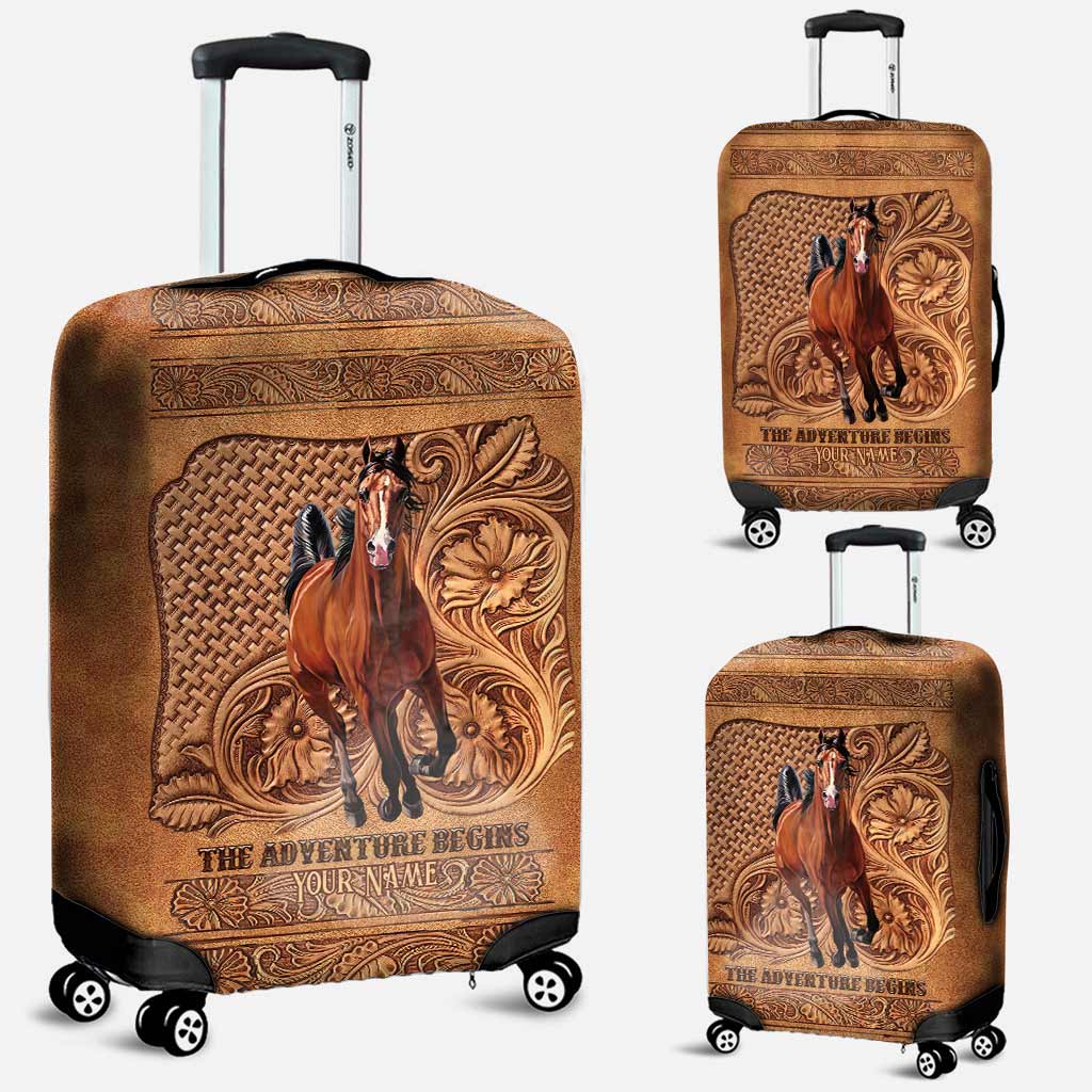 The Adventure Begins - Personalized Horse Luggage Cover With Leather Pattern Print