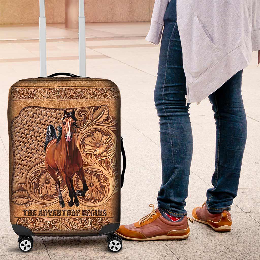 The Adventure Begins - Personalized Horse Luggage Cover With Leather Pattern Print