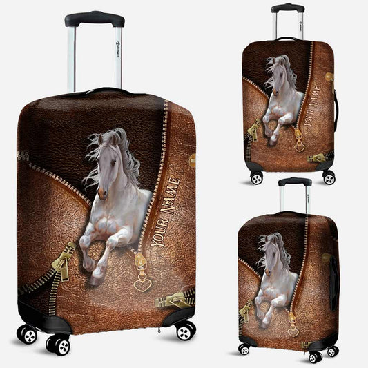 The Adventure Begins - Personalized Horse Luggage Cover With Leather Pattern Print