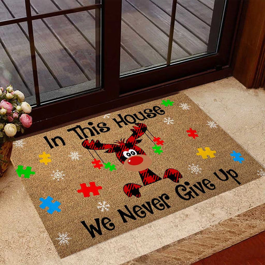 In This House We Never Give Up - Autism Awareness Coir Pattern Print Doormat