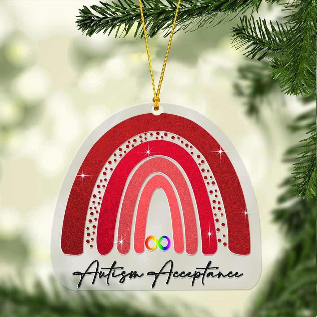 Autism Acceptance Red Infinite Rainbow - Christmas Transparent Ornament With Faux Glitter Pattern Print