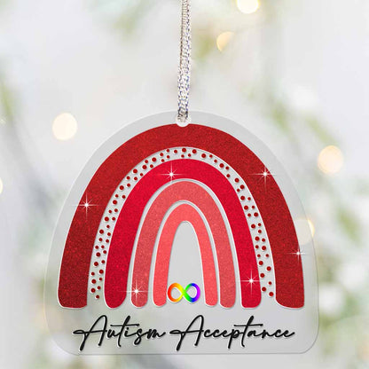 Autism Acceptance Red Infinite Rainbow - Christmas Transparent Ornament With Faux Glitter Pattern Print