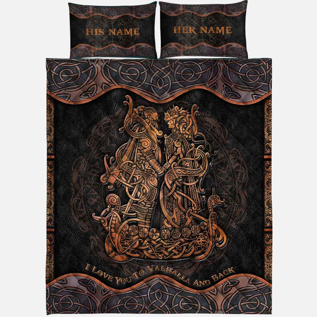 I Love You To Valhalla And Back - Personalized Viking Quilt Set With Leather Pattern Print