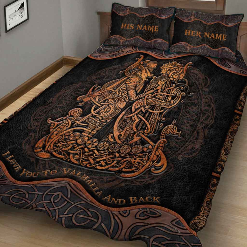 I Love You To Valhalla And Back - Personalized Viking Quilt Set With Leather Pattern Print