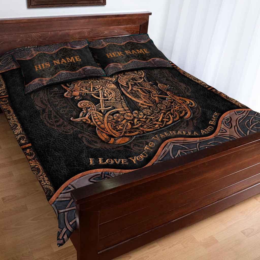 I Love You To Valhalla And Back - Personalized Viking Quilt Set With Leather Pattern Print