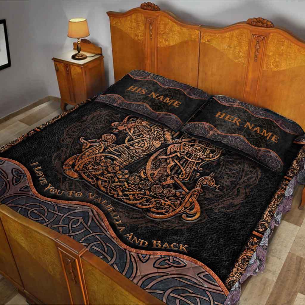I Love You To Valhalla And Back - Personalized Viking Quilt Set With Leather Pattern Print