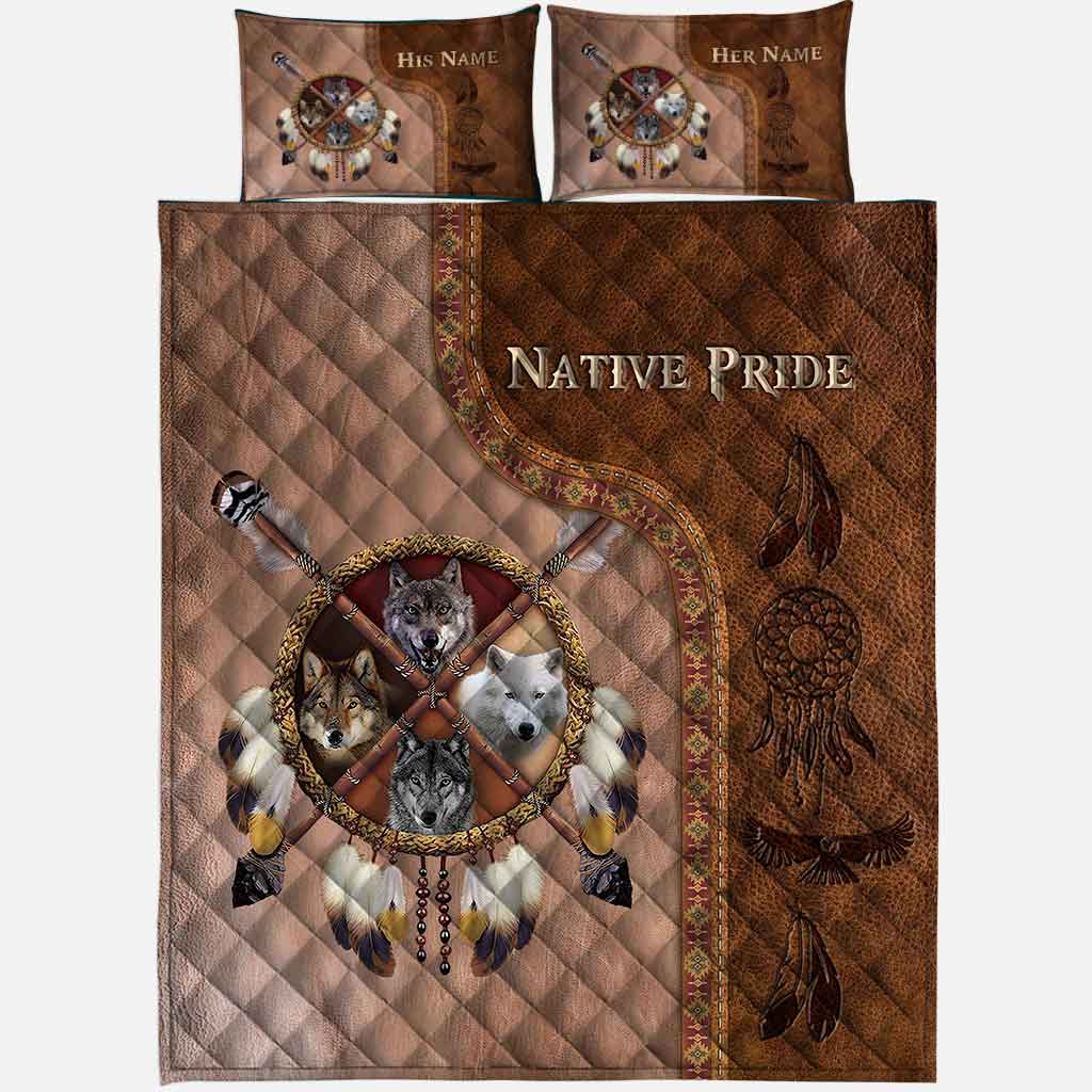 Native Blood - Personalized American Indian Quilt Set With Leather Pattern Print