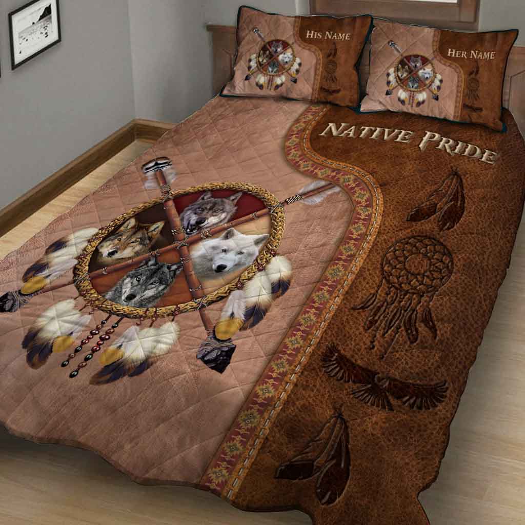 Native Blood - Personalized American Indian Quilt Set With Leather Pattern Print