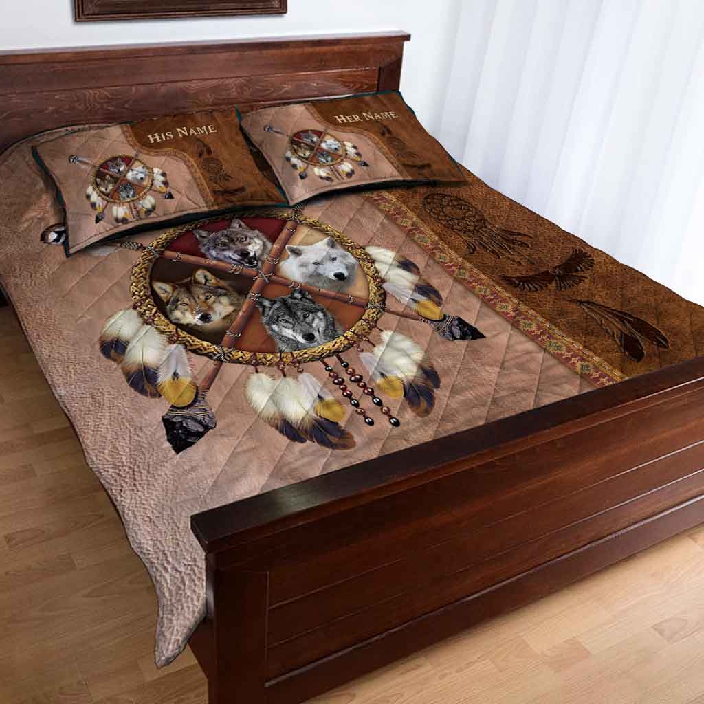 Native Blood - Personalized American Indian Quilt Set With Leather Pattern Print