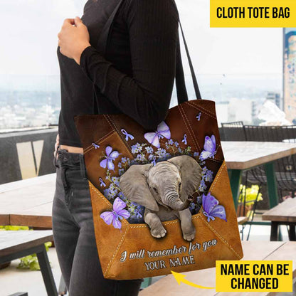 I Will Remember For You Envelope Elephant Purple Flowers - Alzheimer Awareness Personalized Tote Bag